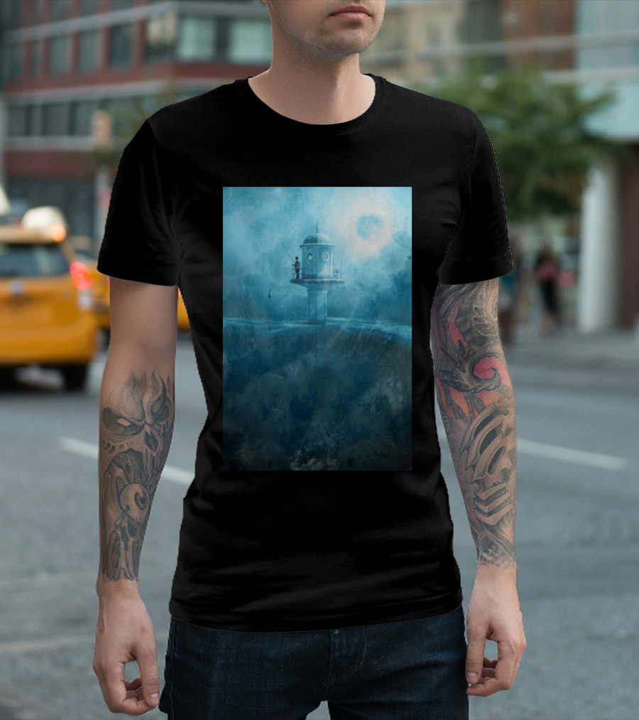 Fish Rising BL Lighthouse Fisherman In Dreamy Blue Landscape T-Shirt