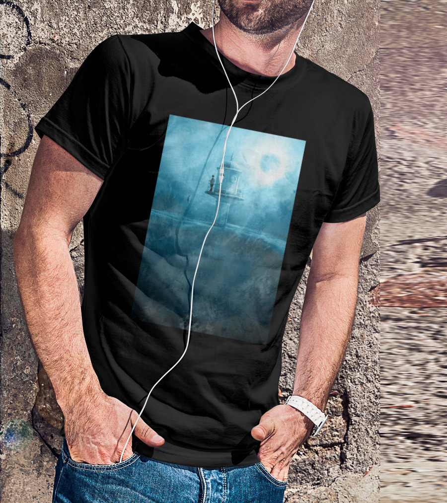 Fish Rising BL Lighthouse Fisherman In Dreamy Blue Landscape T-Shirt