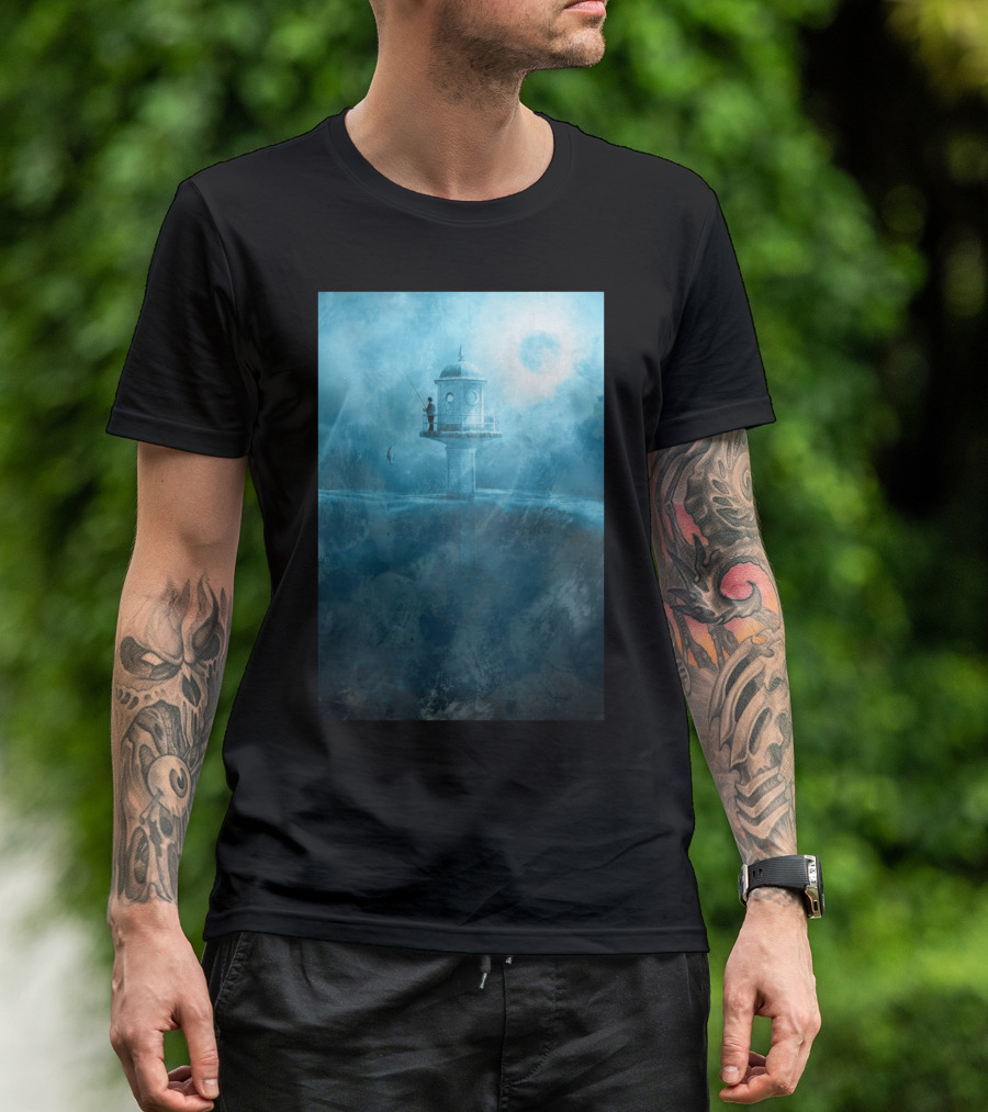 Fish Rising BL Lighthouse Fisherman In Dreamy Blue Landscape T-Shirt
