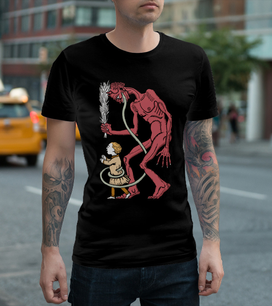 Krampus Yuletide Figure Ensnaring Child Mythical Creature Scene T-Shirt