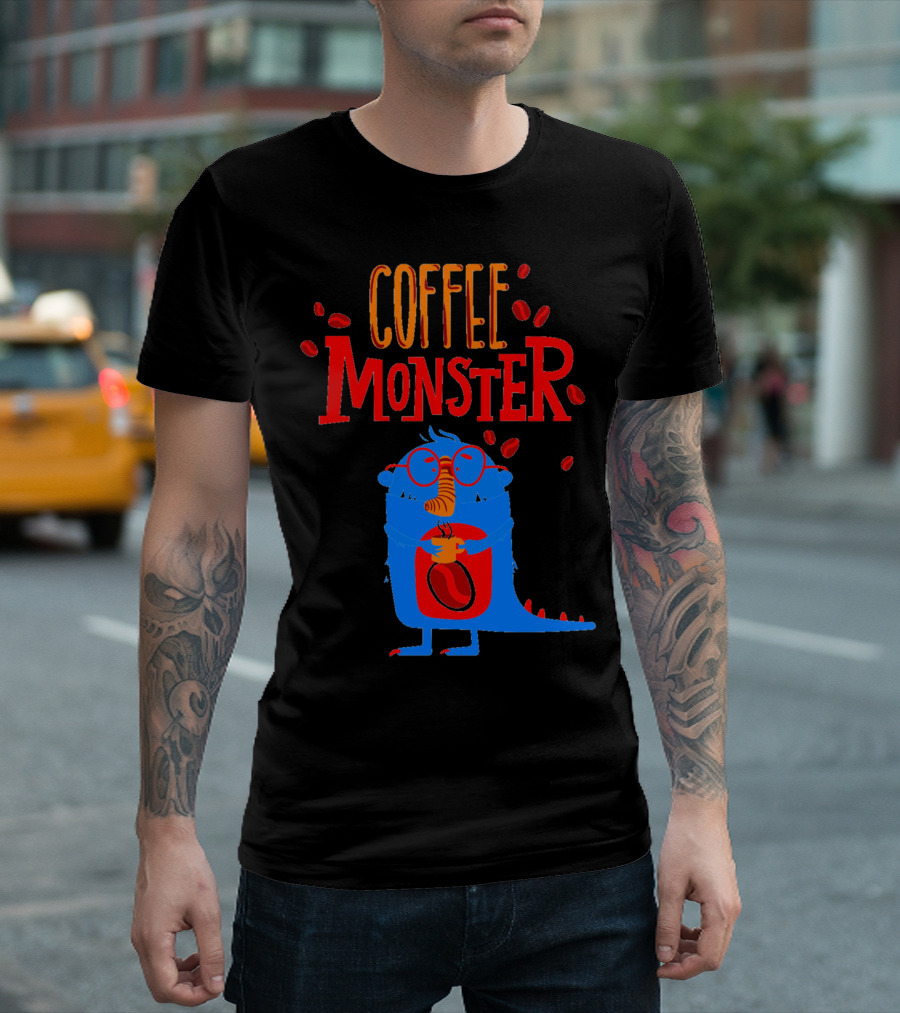 COFFEE MONSTER Blue Creature with Glasses and Coffee Cup T-Shirt