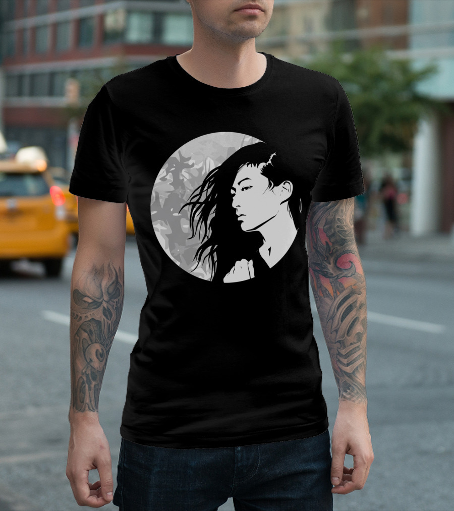 Moon Woman Black And White Portrait In Circular T-Shirt