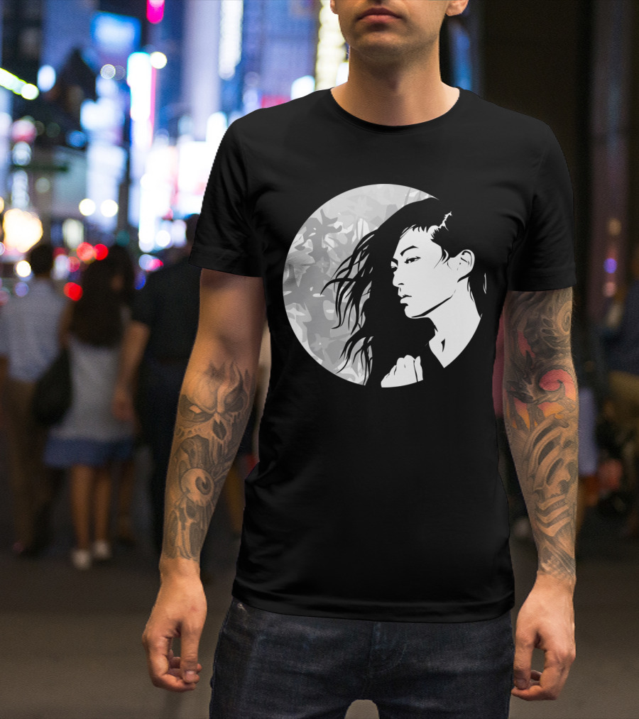 Moon Woman Black And White Portrait In Circular T-Shirt