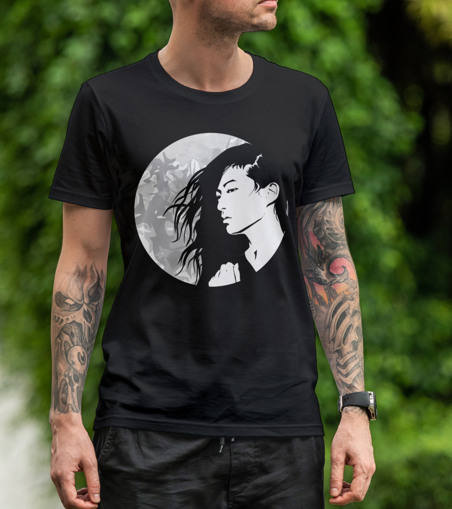 Moon Woman Black And White Portrait In Circular T-Shirt