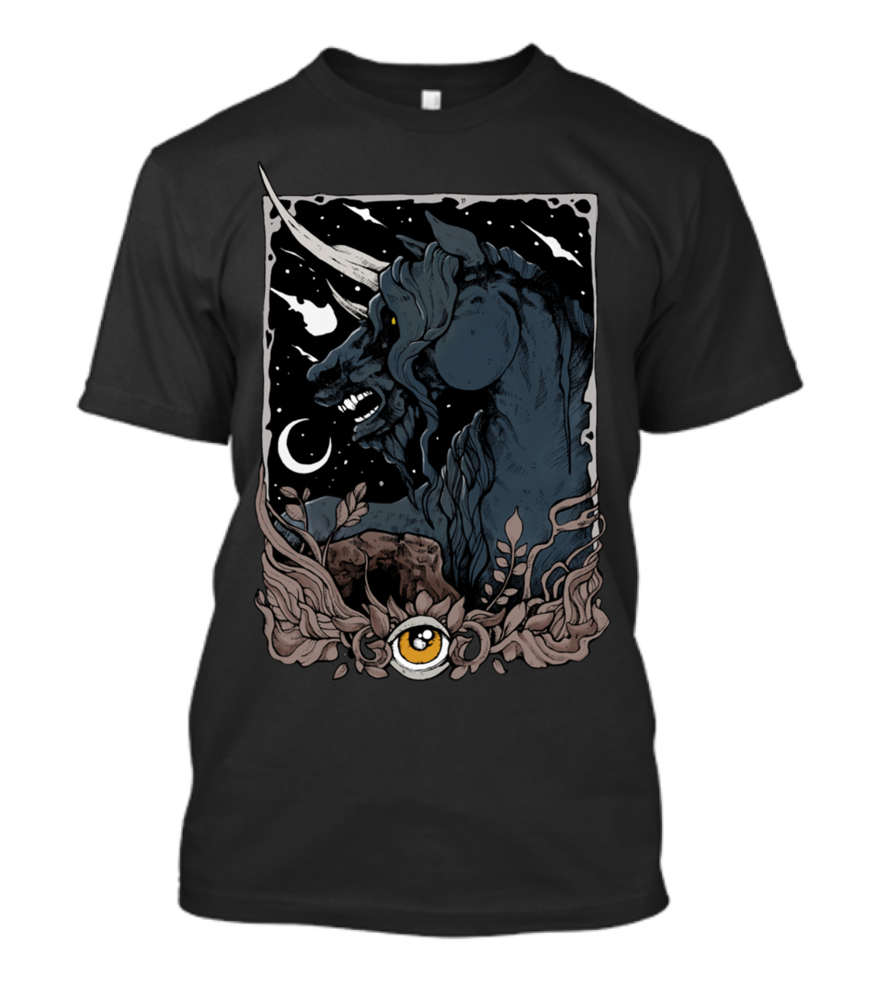 Dark Unicorn Cosmic Night Illustration Mystical Eye T-Shirt