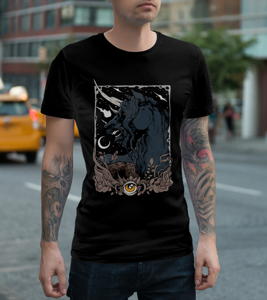 Dark Unicorn Cosmic Night Illustration Mystical Eye T-Shirt