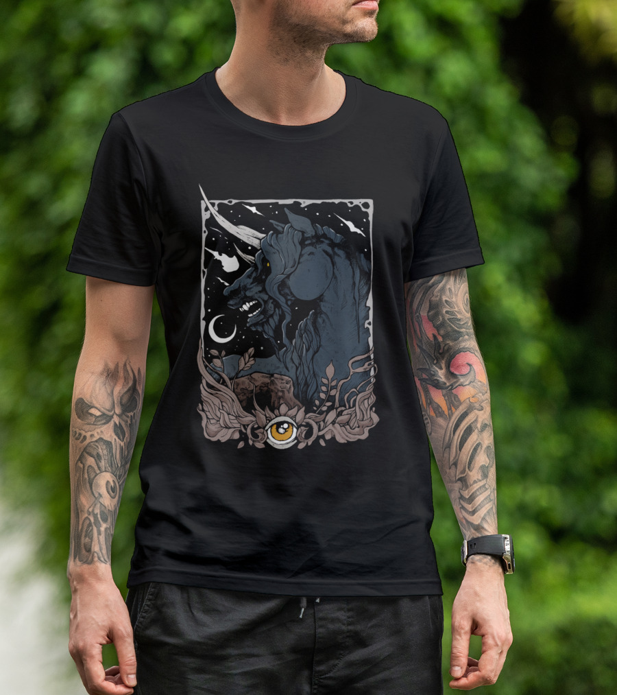Dark Unicorn Cosmic Night Illustration Mystical Eye T-Shirt