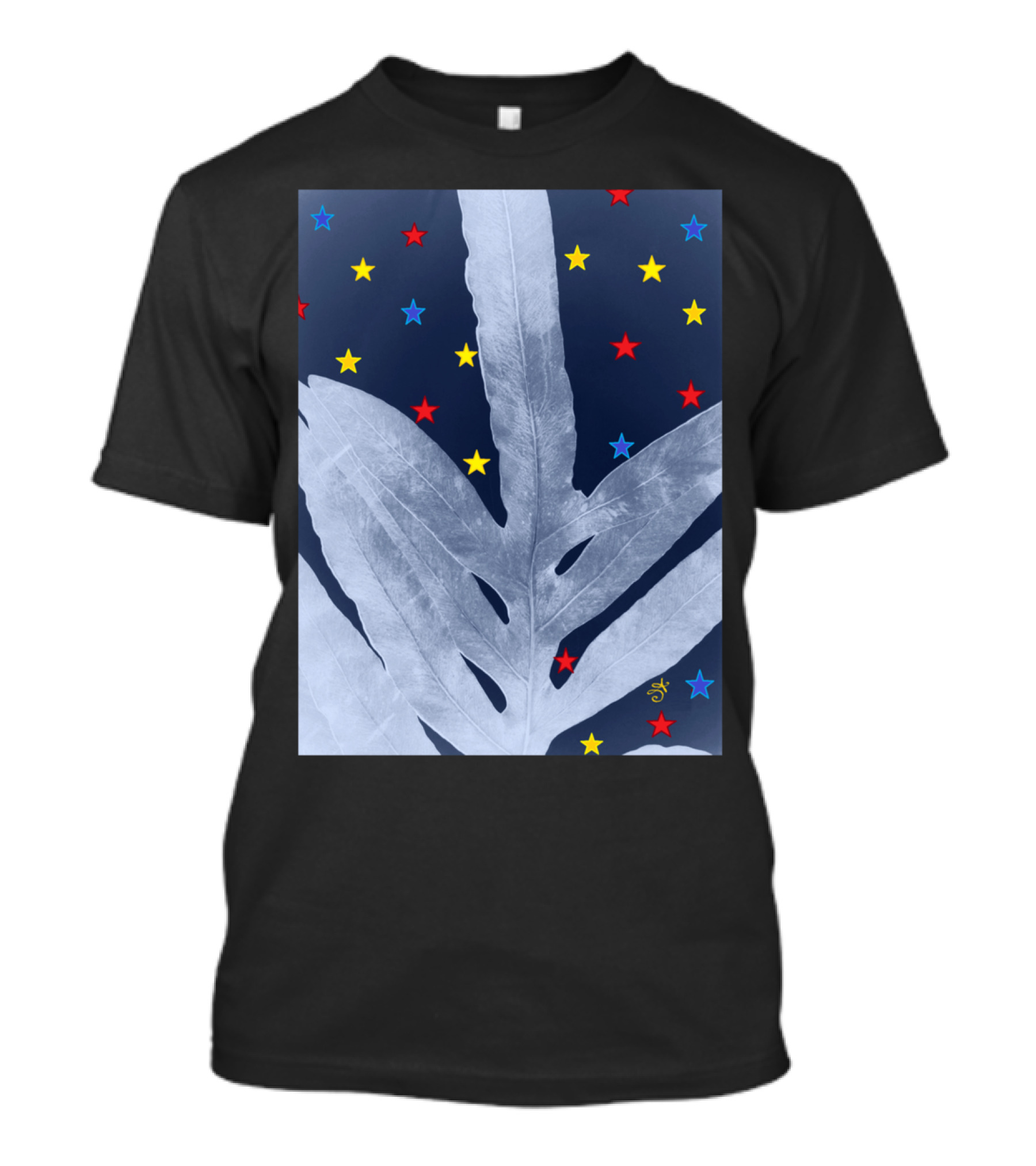 Green Fern Silver Blue Starry Night With Red Yellow Blue Stars T-Shirt