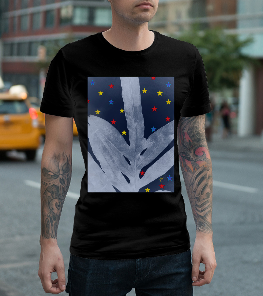 Green Fern Silver Blue Starry Night With Red Yellow Blue Stars T-Shirt