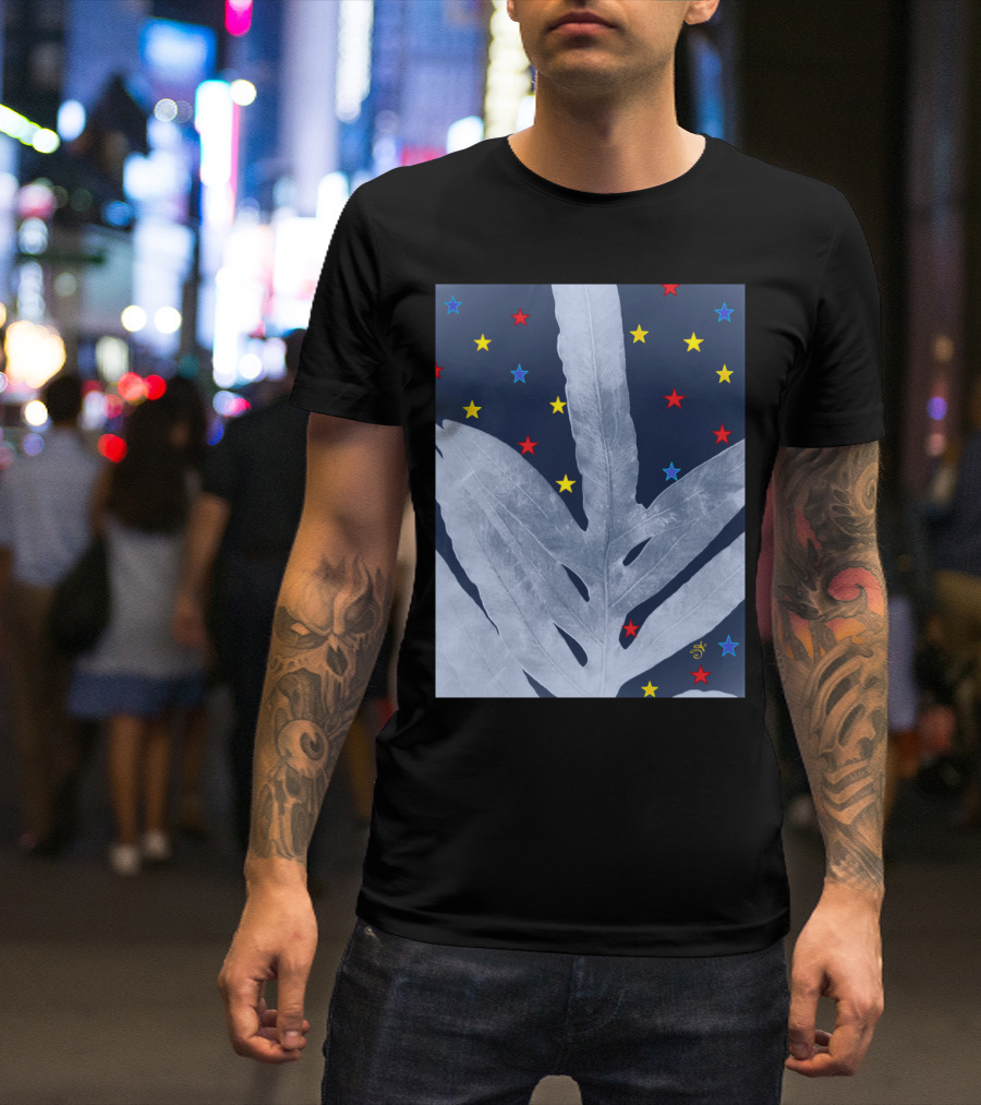 Green Fern Silver Blue Starry Night With Red Yellow Blue Stars T-Shirt