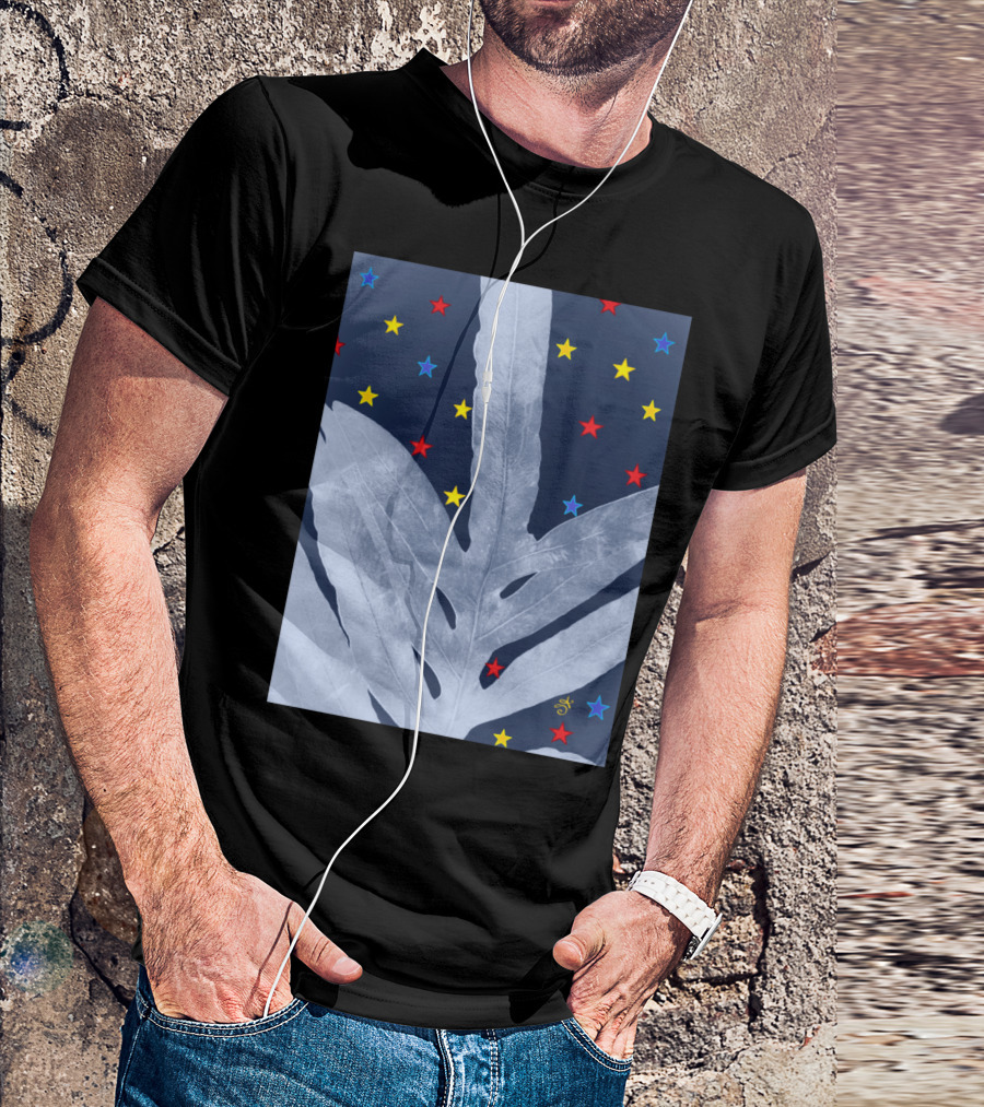 Green Fern Silver Blue Starry Night With Red Yellow Blue Stars T-Shirt