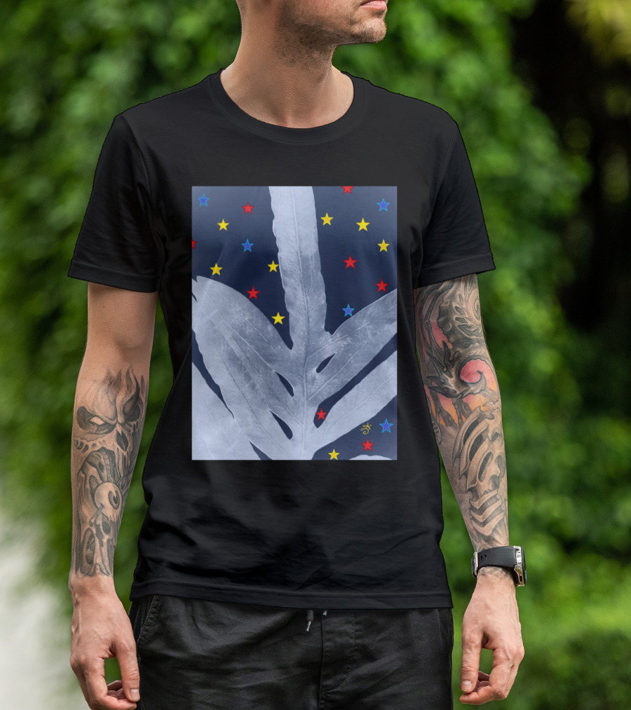 Green Fern Silver Blue Starry Night With Red Yellow Blue Stars T-Shirt