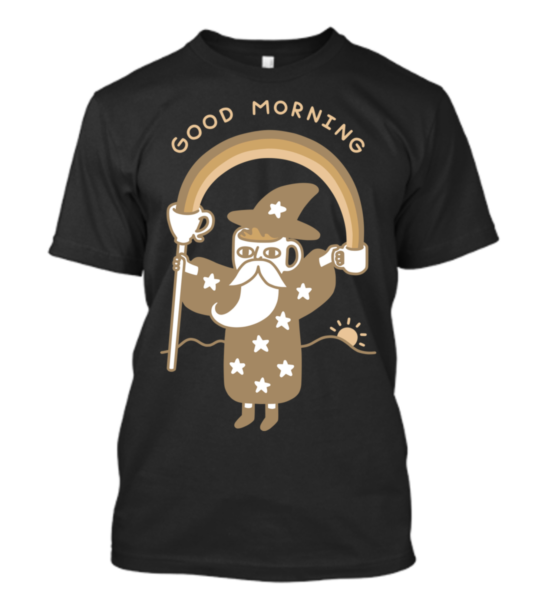 Good Morning Coffee Wizard With Mug Rainbow And Sunrise T-Shirt
