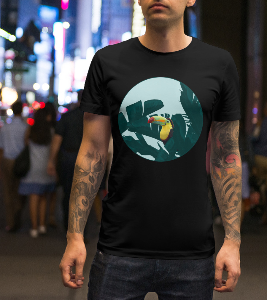 Green Toucan Among Lush Banana Leaves Tropical Circle T-Shirt