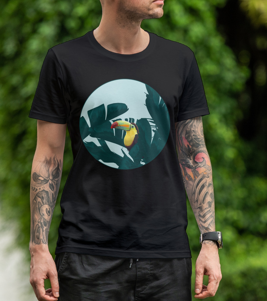 Green Toucan Among Lush Banana Leaves Tropical Circle T-Shirt