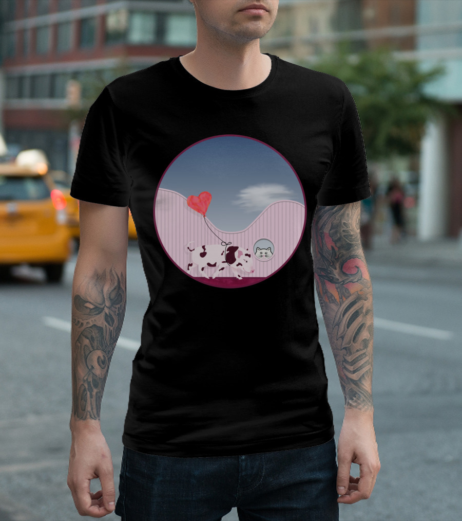 Baby Pig Love Balloon and Curious Cat in Pastel Landscape T-Shirt