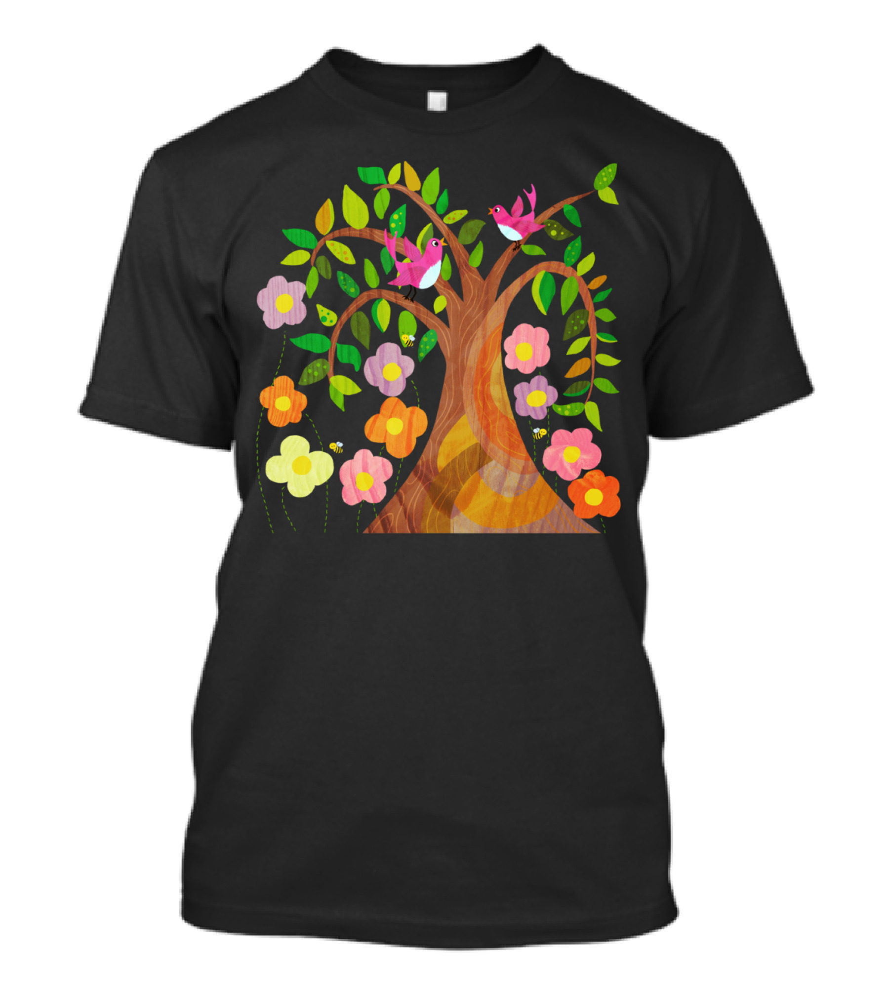 Birds And Bees In Vibrant Flowering Trees T-Shirt