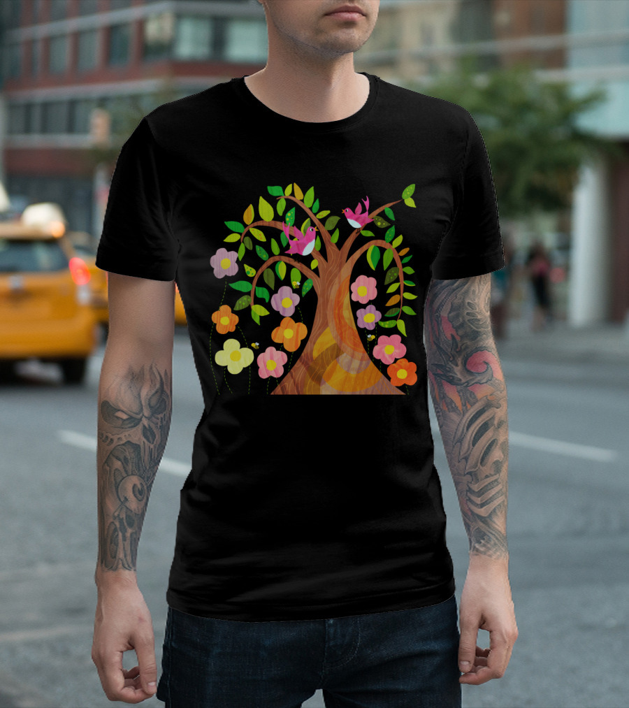 Birds And Bees In Vibrant Flowering Trees T-Shirt