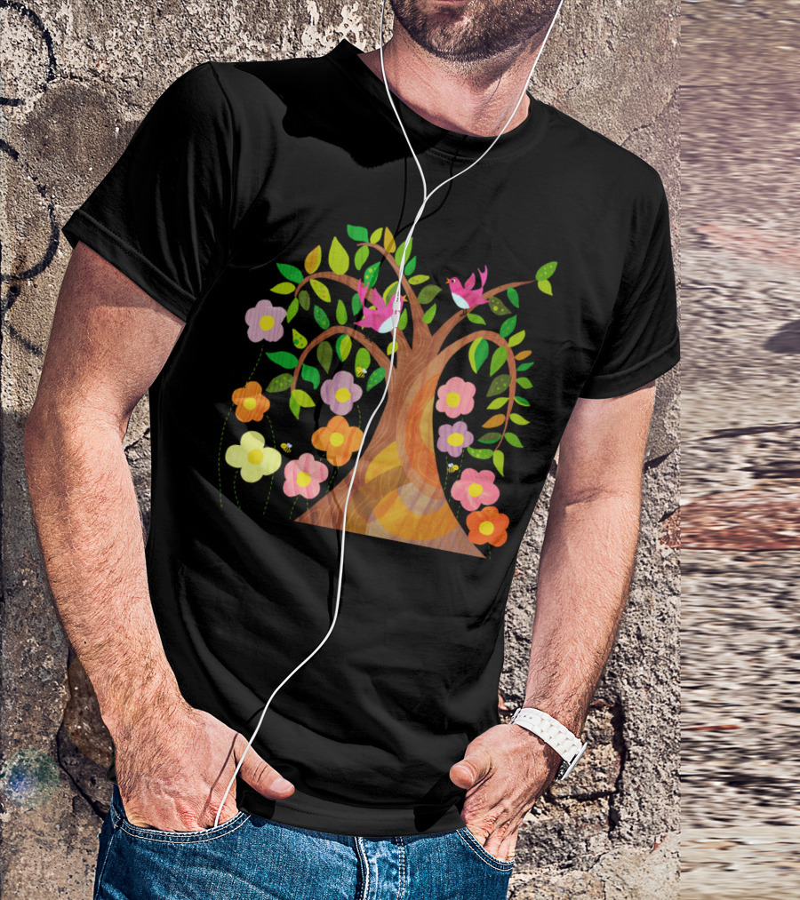 Birds And Bees In Vibrant Flowering Trees T-Shirt