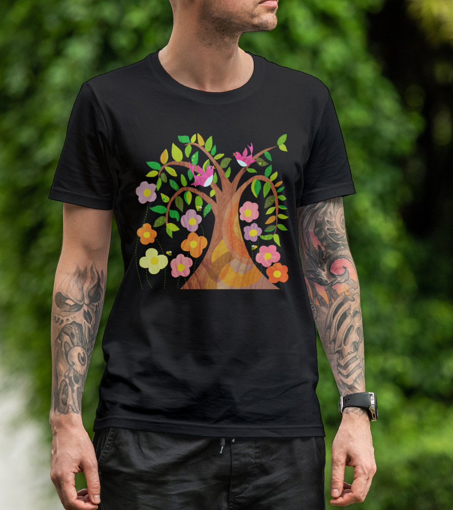 Birds And Bees In Vibrant Flowering Trees T-Shirt