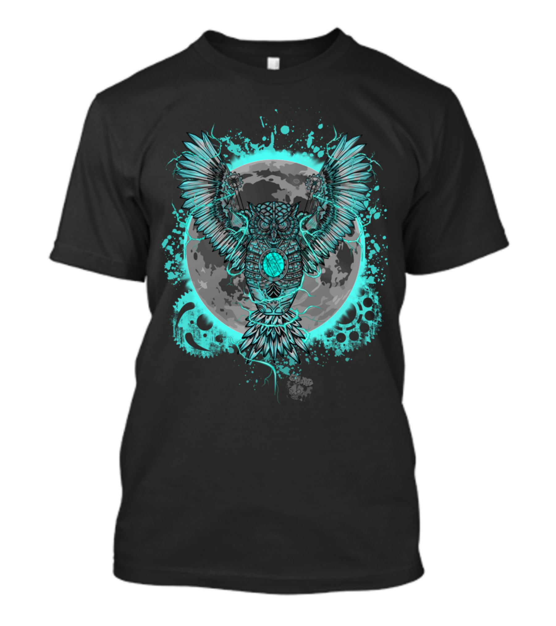 Steampunk Robot Owl Silver Cyberpunk Glow Moon Background T-Shirt