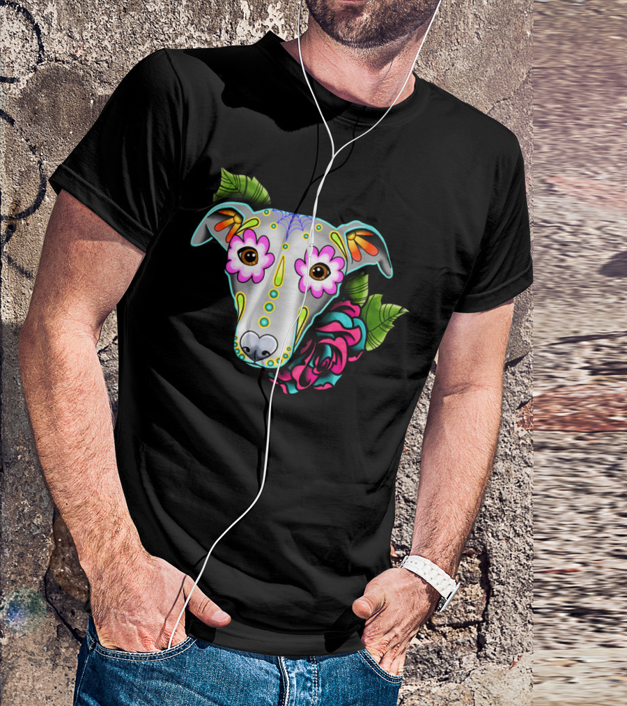 Greyhound Whippet Day Of The Dead Sugar Skull Dog Roses T-Shirt