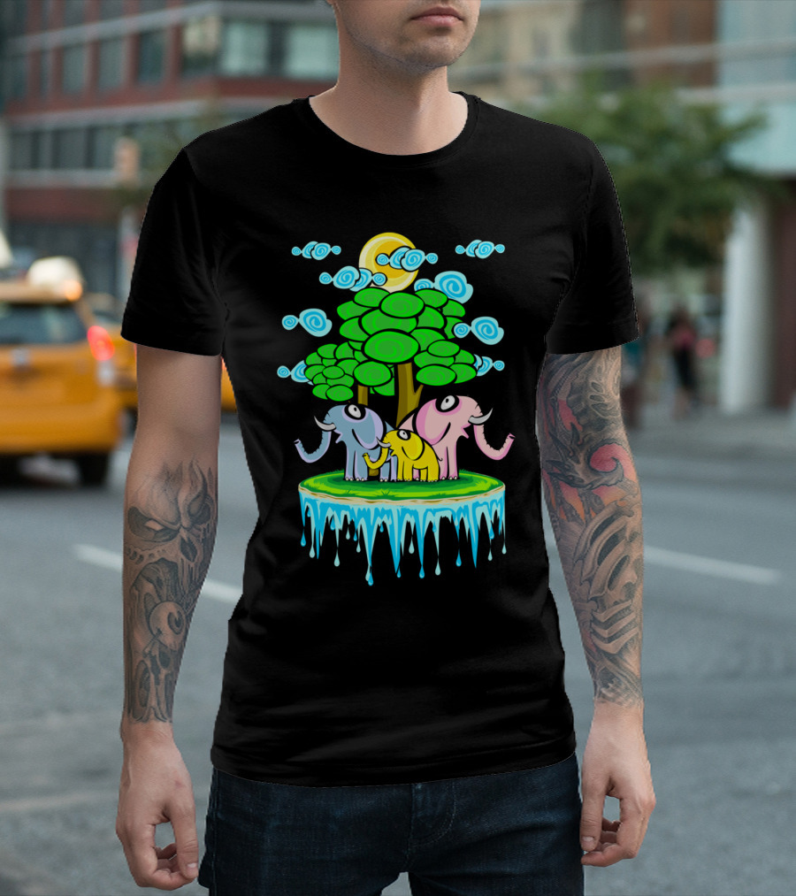 EL FAMILY Colorful Cartoon Elephants In Ice Floating Forest T-Shirt