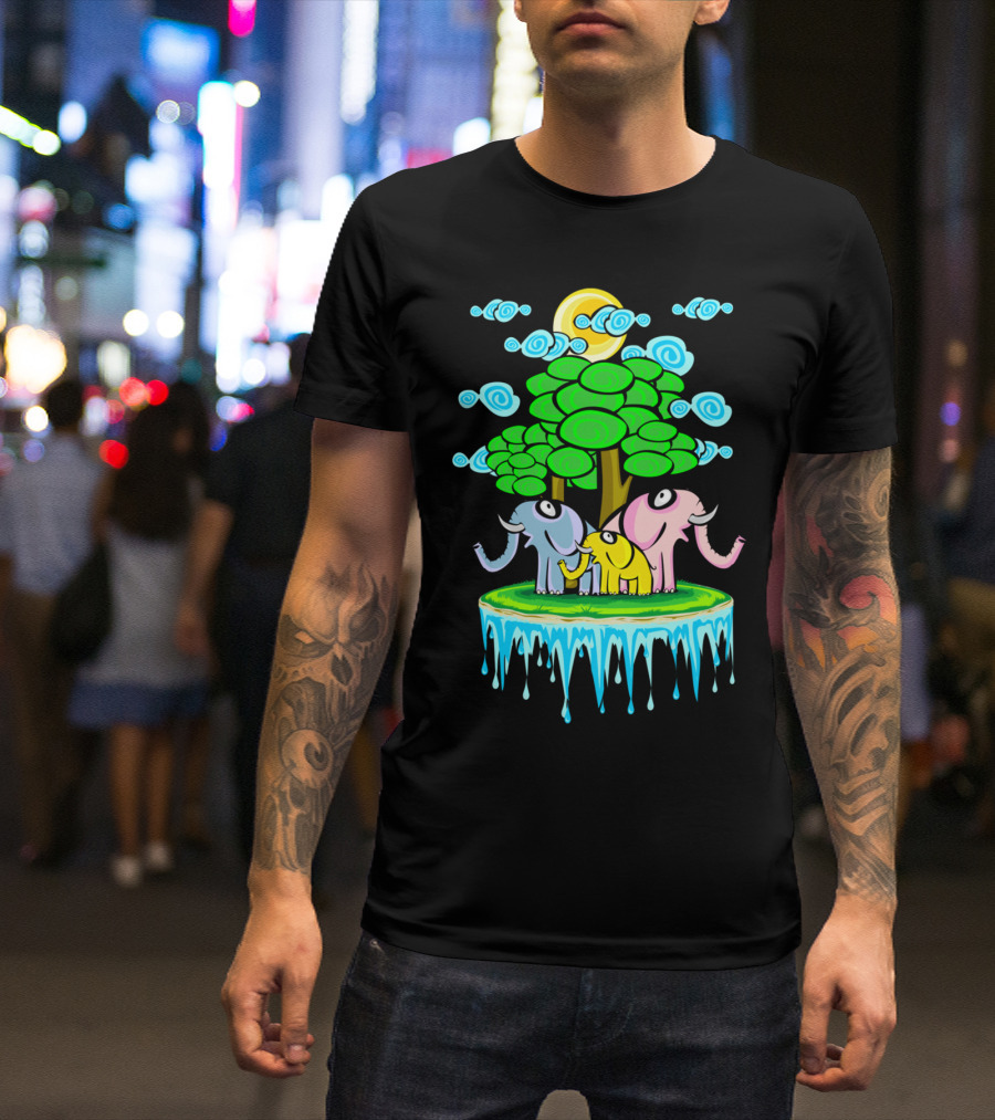 EL FAMILY Colorful Cartoon Elephants In Ice Floating Forest T-Shirt