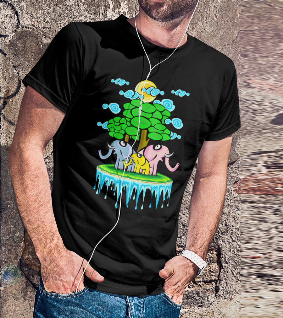 EL FAMILY Colorful Cartoon Elephants In Ice Floating Forest T-Shirt