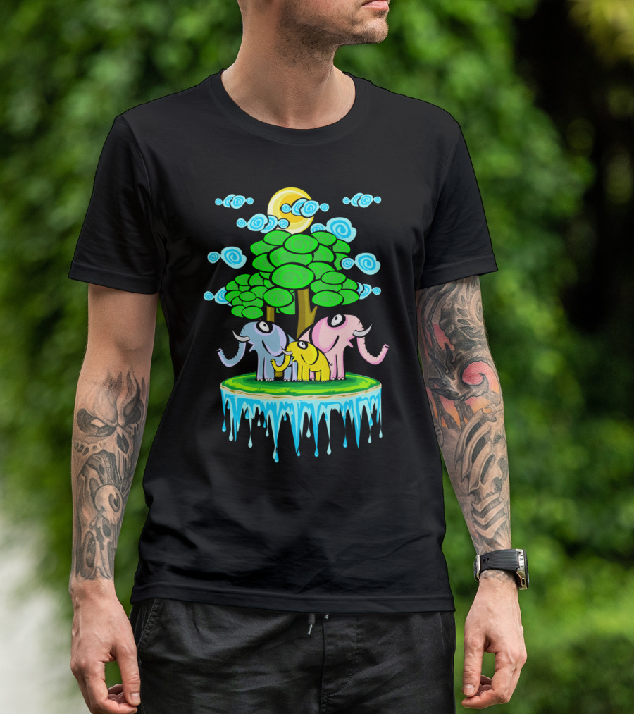 EL FAMILY Colorful Cartoon Elephants In Ice Floating Forest T-Shirt