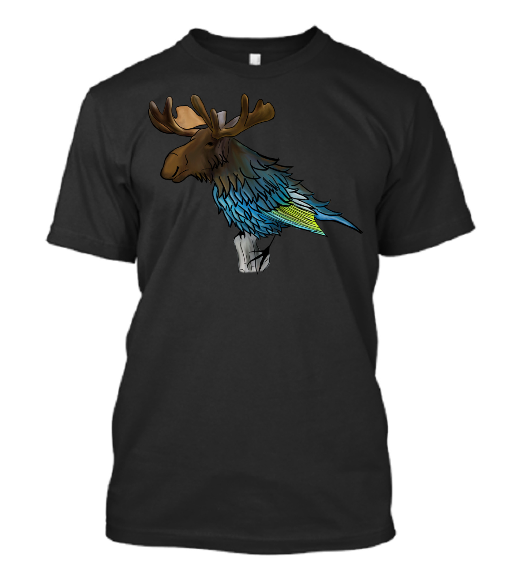 Birdy Moose Hybrid Illustration Combining Moose Head And Bird Feather Body T-Shirt
