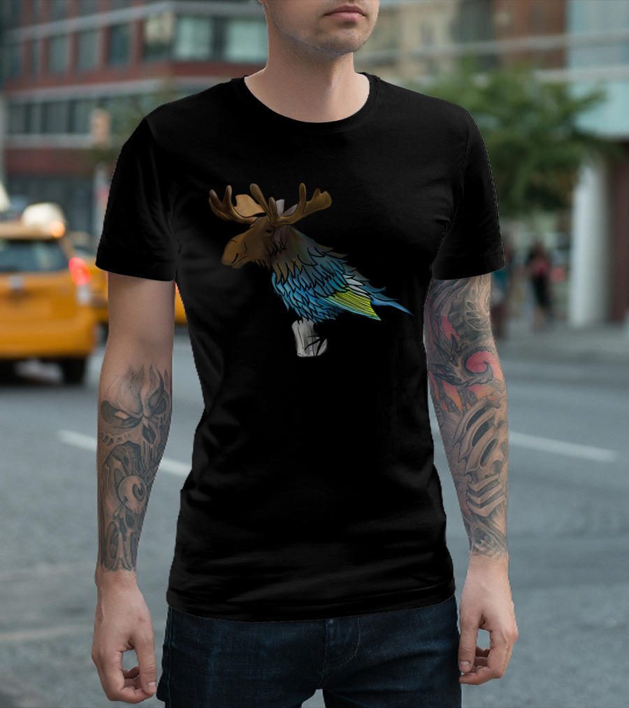 Birdy Moose Hybrid Illustration Combining Moose Head And Bird Feather Body T-Shirt
