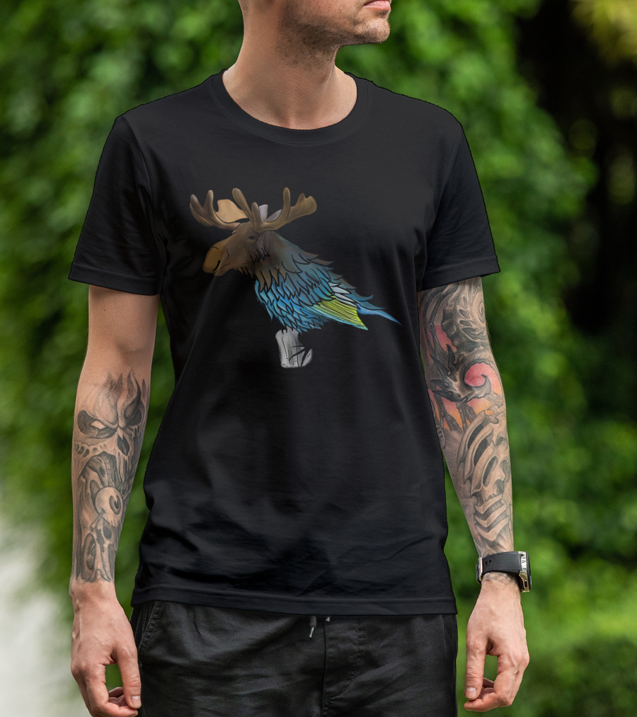 Birdy Moose Hybrid Illustration Combining Moose Head And Bird Feather Body T-Shirt