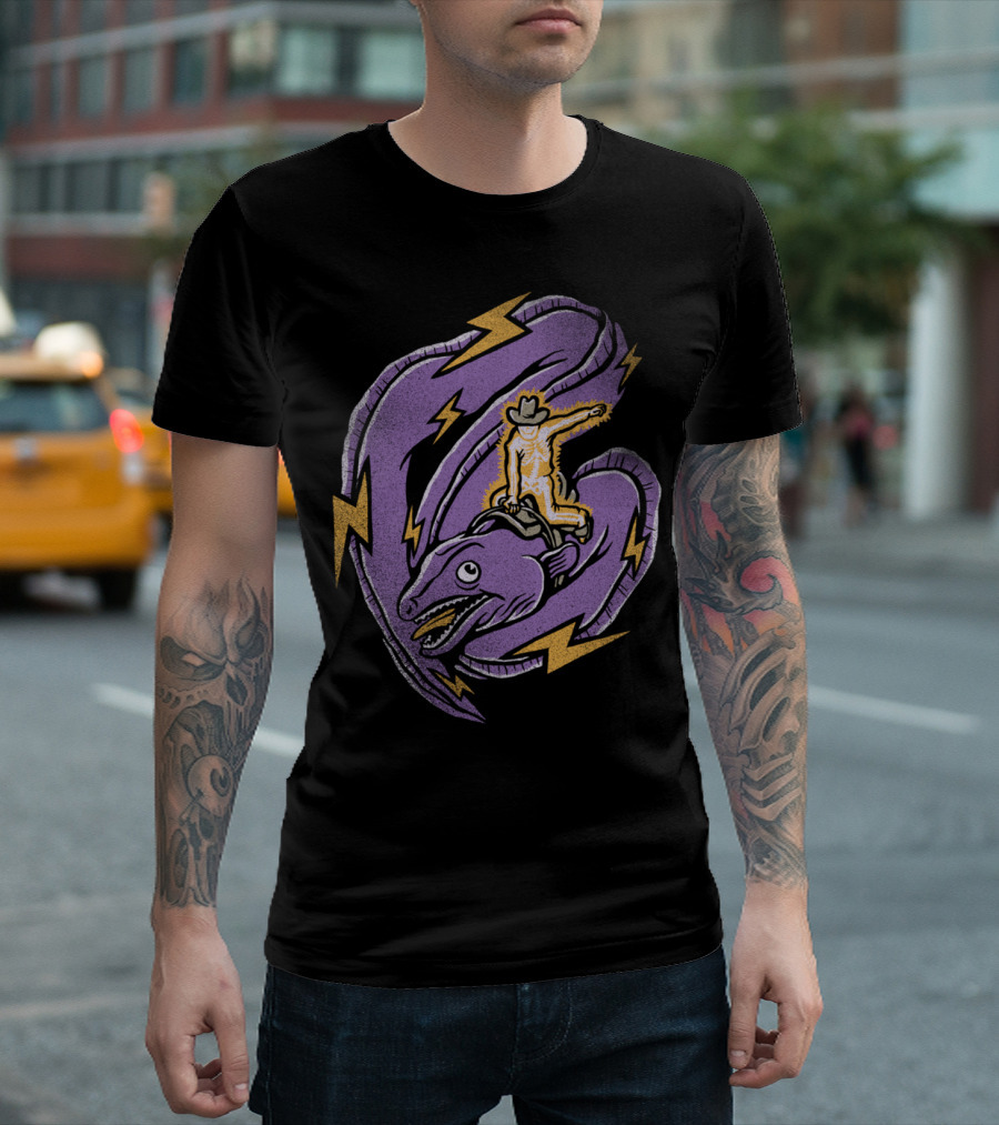 Electric Rodeo Lightning Cowboy Riding Purple Dinosaur T-Shirt