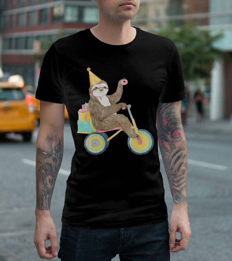 Birthday Sloth Riding Tricycle With Party Hat And Donut T-Shirt
