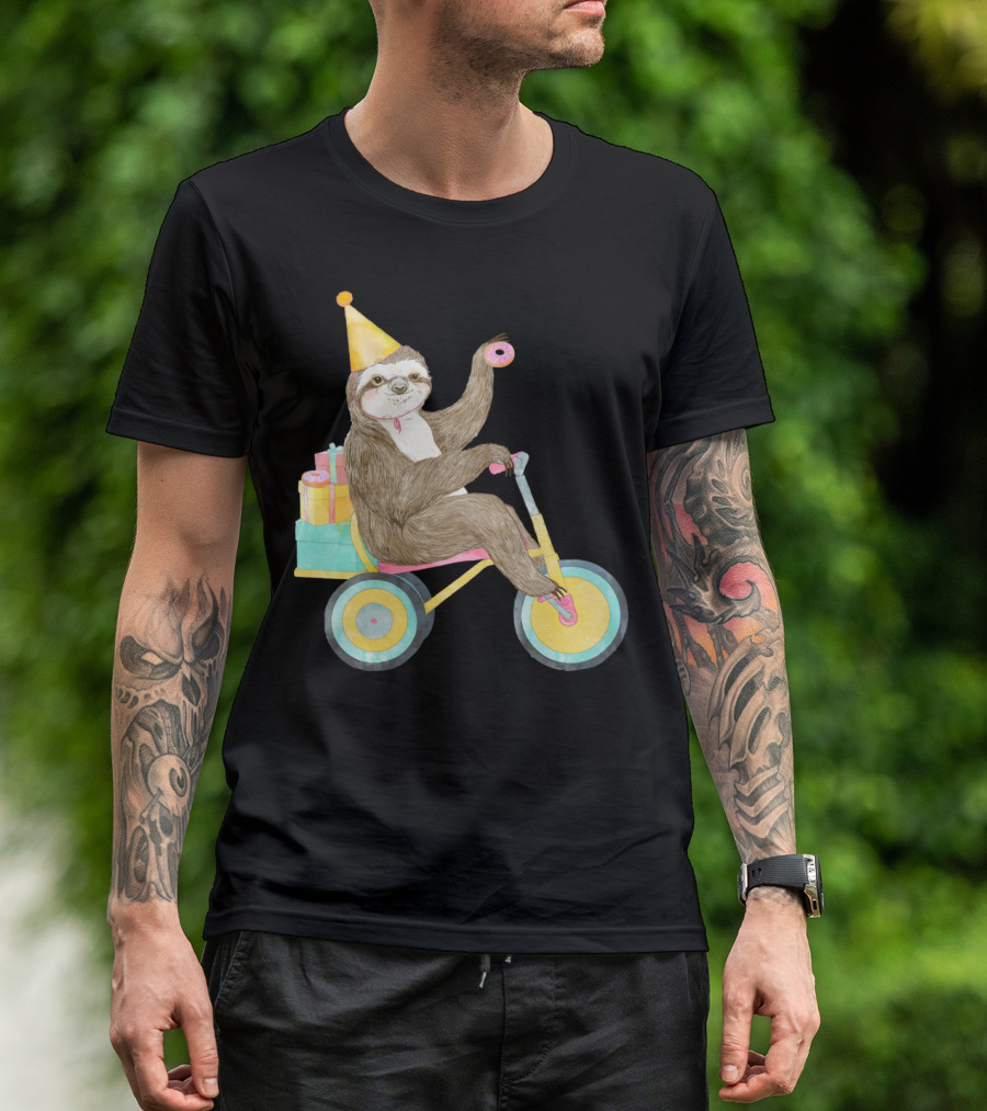 Birthday Sloth Riding Tricycle With Party Hat And Donut T-Shirt