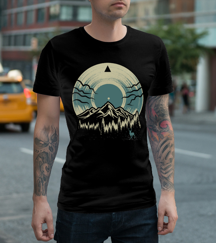 Mountain Deer And Forest Vinyl Inspired By Nature And Music Aesthetics T-Shirt
