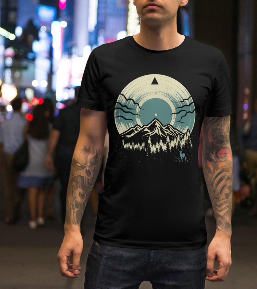 Mountain Deer And Forest Vinyl Inspired By Nature And Music Aesthetics T-Shirt