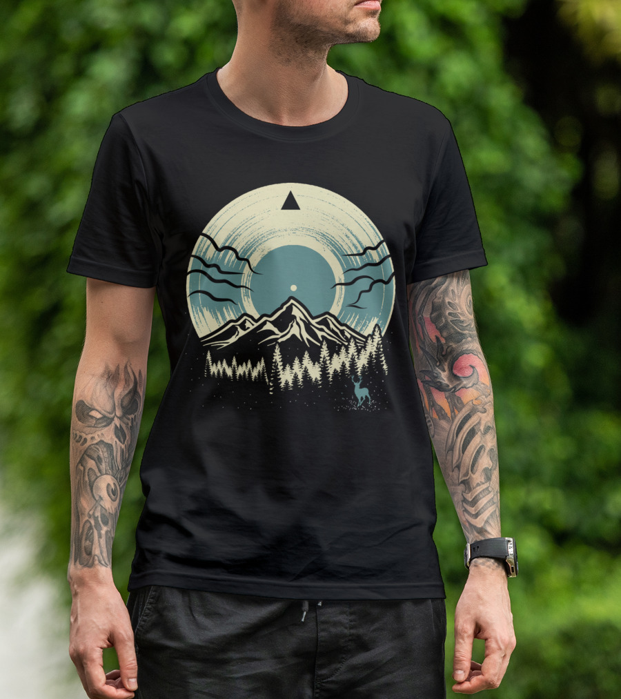 Mountain Deer And Forest Vinyl Inspired By Nature And Music Aesthetics T-Shirt