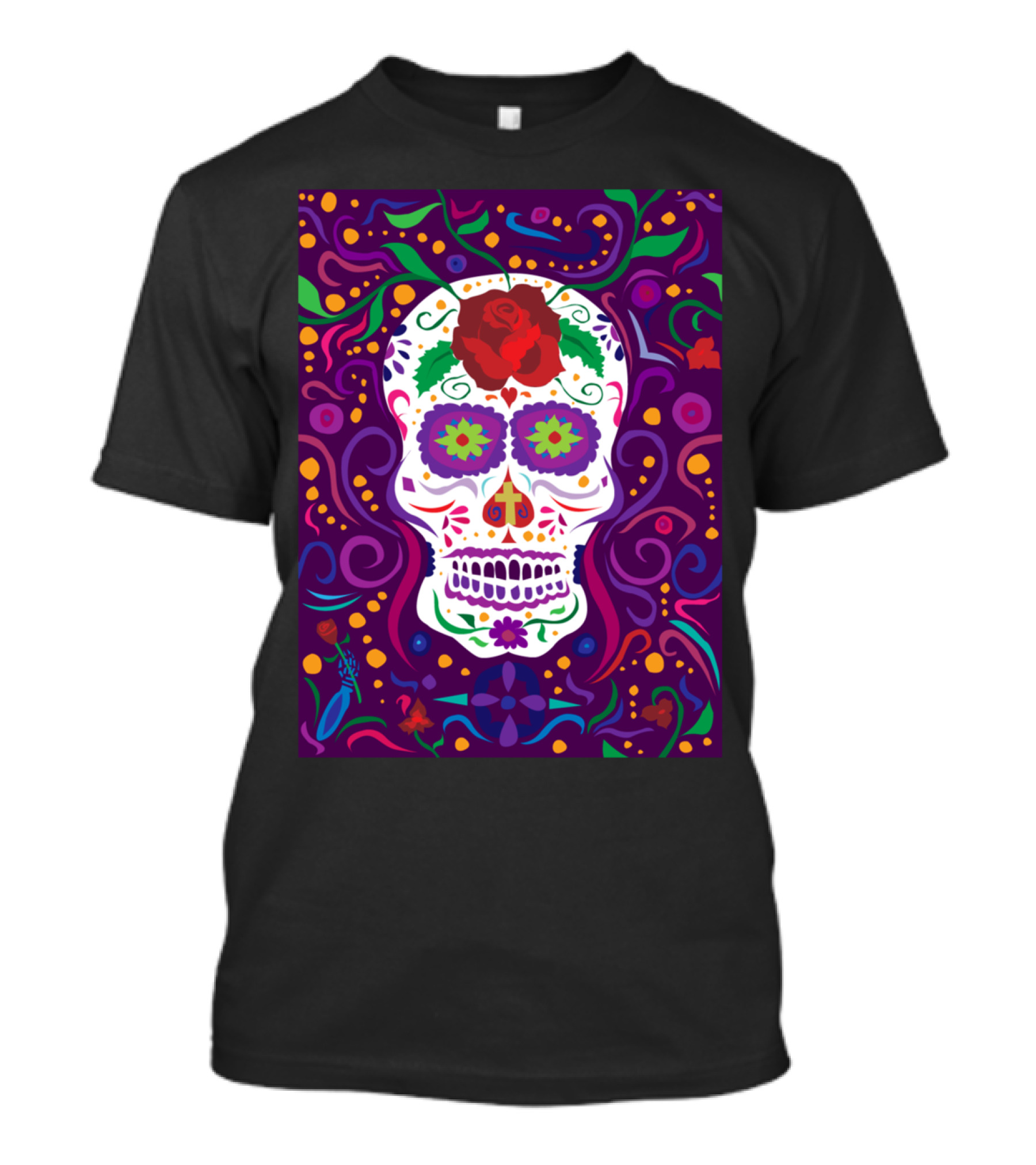 Colorful Sugar Skull With Floral Patterns And Vines T-Shirt