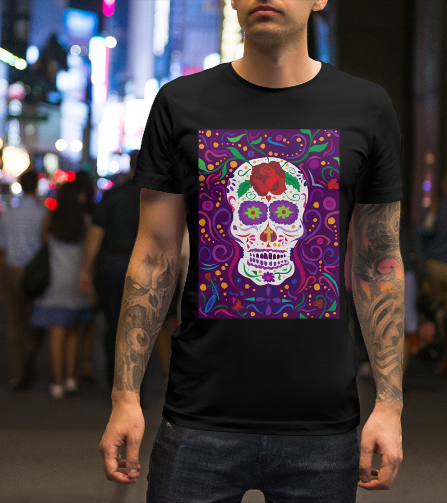Colorful Sugar Skull With Floral Patterns And Vines T-Shirt