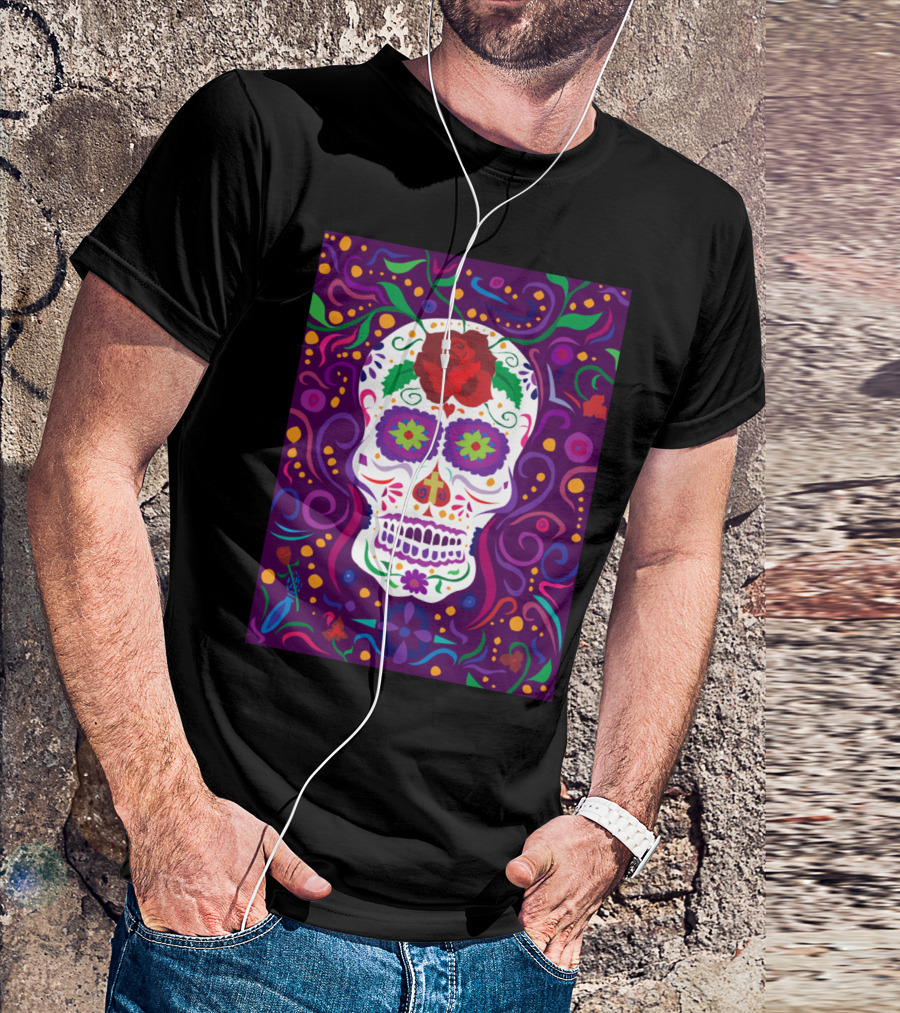 Colorful Sugar Skull With Floral Patterns And Vines T-Shirt