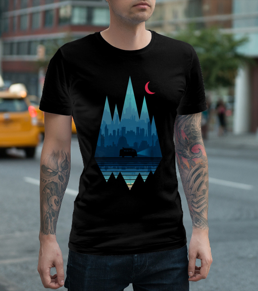 Back to the City Late Night Adventure in Geometric Skyline with Moonlit Van Journey T-Shirt