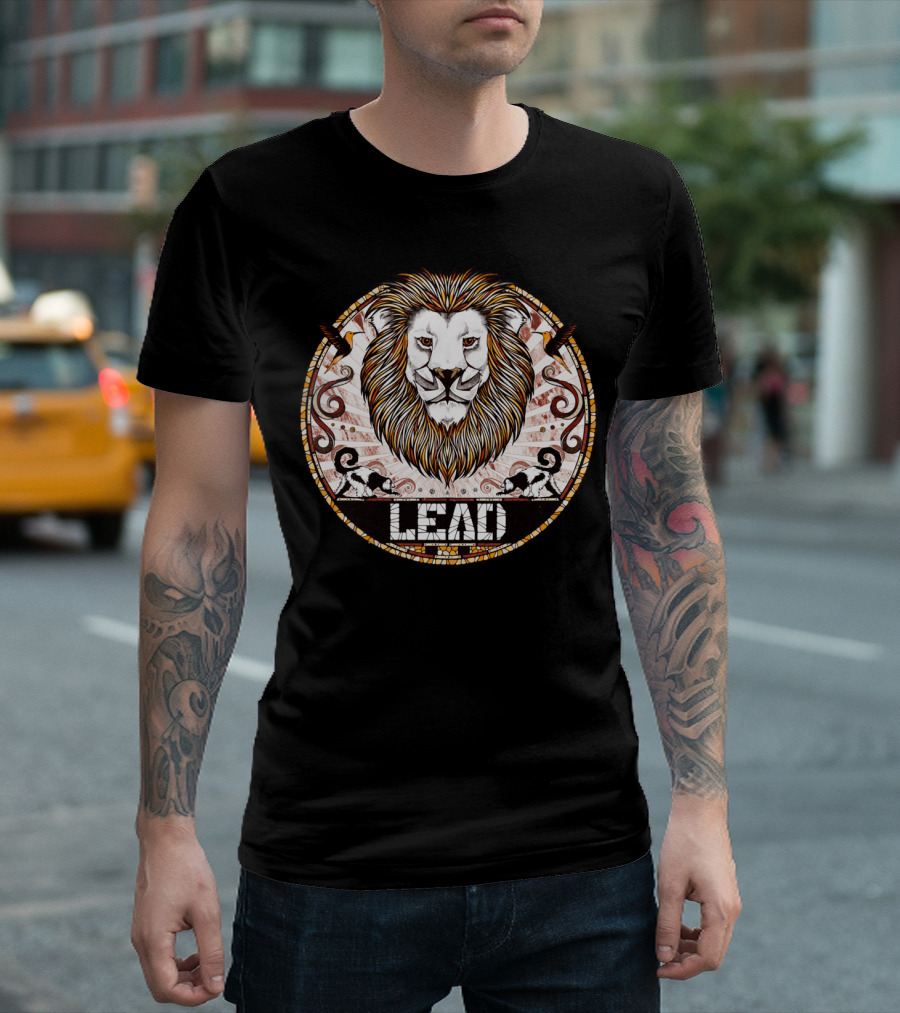 LEAD Majestic Lion Emblem with Abstract Wildlife Elements T-Shirt