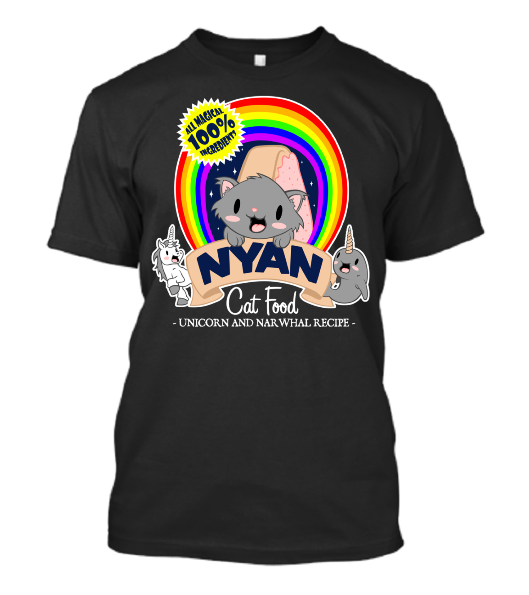 All Magical 100% Ingredients Nyan Cat Food Unicorn And Narwhal Recipe T-Shirt