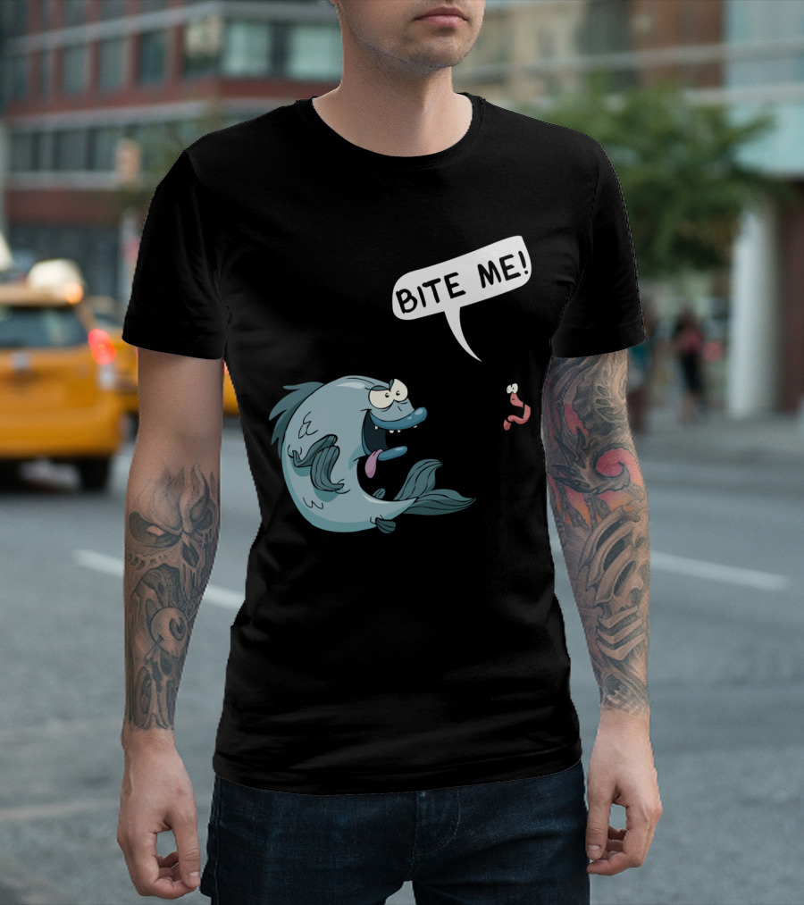 Bite Me Funny Fishing Worm And Fish Encounter T-Shirt
