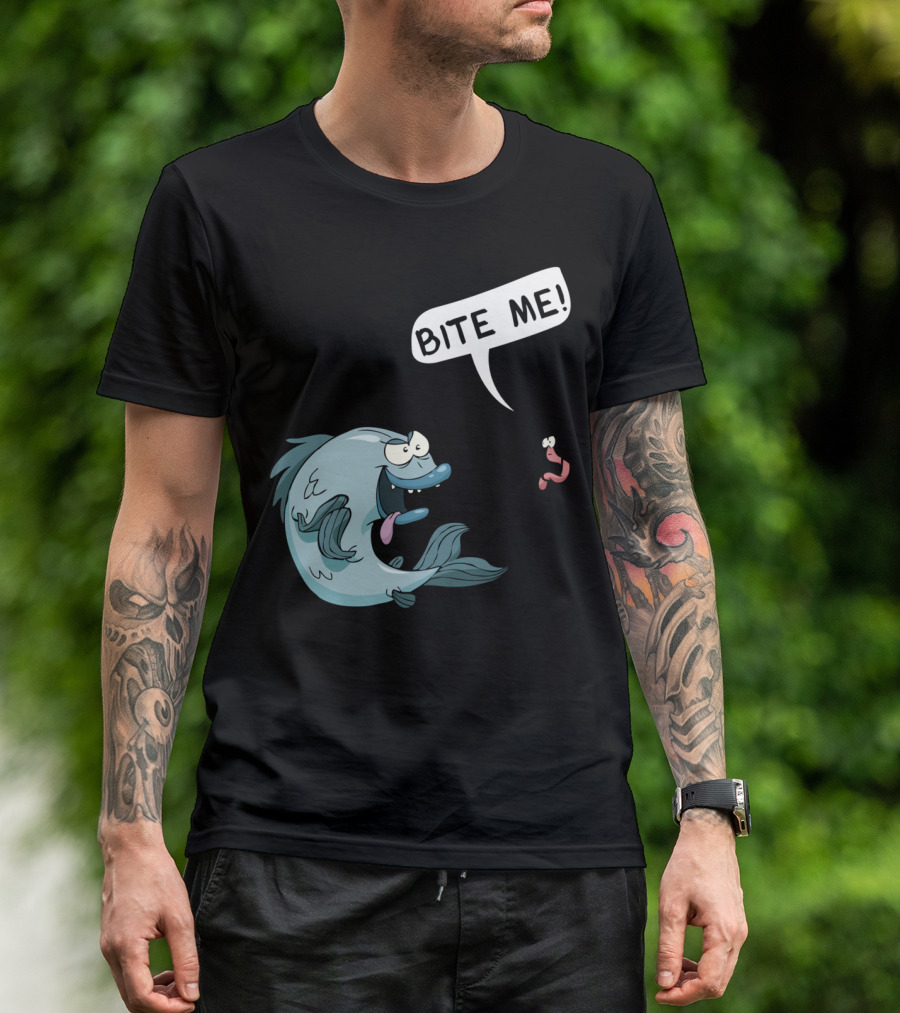Bite Me Funny Fishing Worm And Fish Encounter T-Shirt