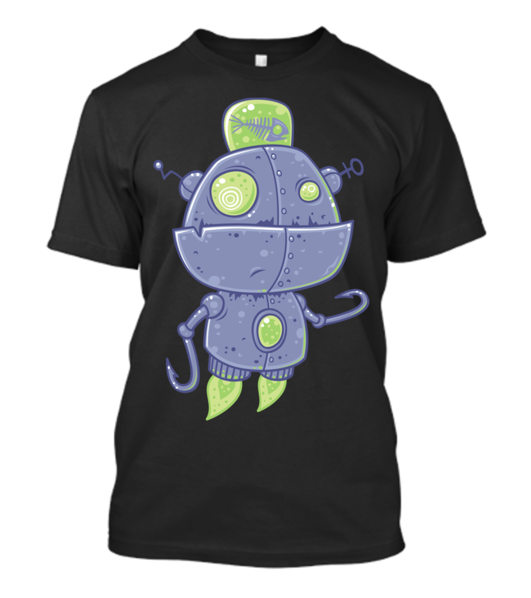 Fishing Robot With Green Fishbone Antenna And Hook Hands T-Shirt
