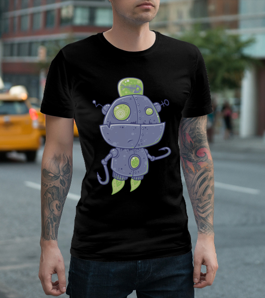 Fishing Robot With Green Fishbone Antenna And Hook Hands T-Shirt