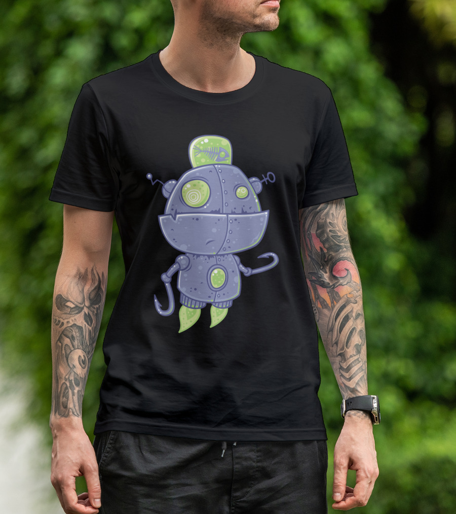 Fishing Robot With Green Fishbone Antenna And Hook Hands T-Shirt